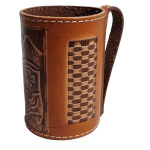 Mexico Tooled Leather Drink Holder Western Cowboy Boots Bottle Can Koozie Handle